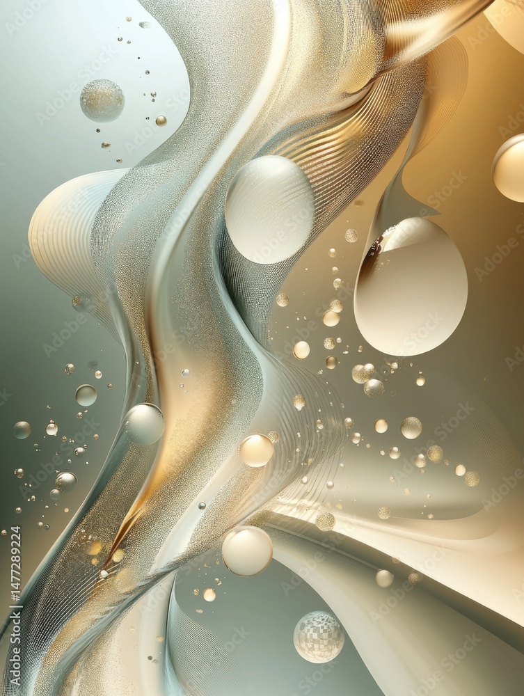 Poster abstract fluid art with spheres and flowing lines in gold and silver tones digital rendering close u