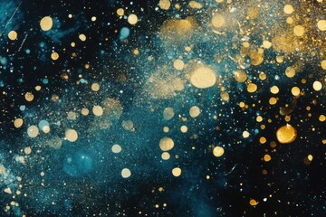 Abstract Teal and Gold Bokeh Lights Background Texture with Glittering Particles Festive Holiday Backdrop