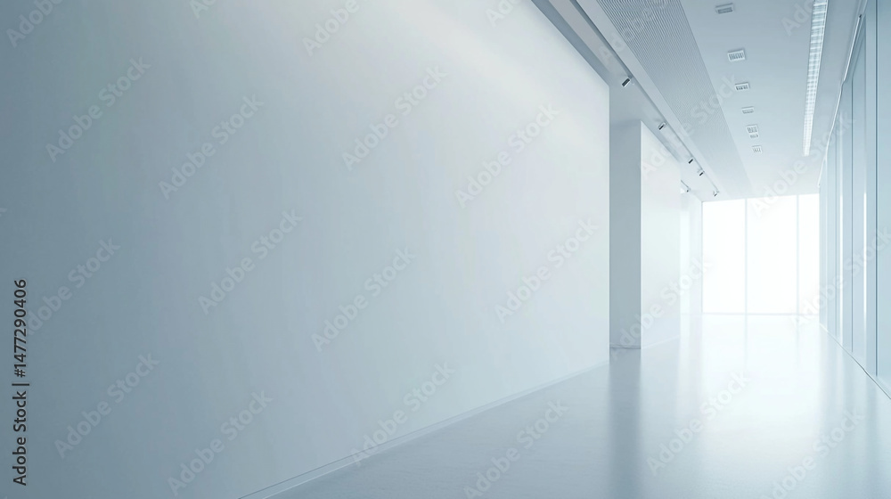 Poster a bright white hallway with a glossy floor and a window at the end of the corridor space view