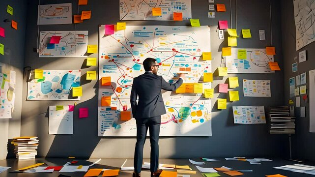 Businessman Planning on Strategy Wall Covered with Notes and Diagrams