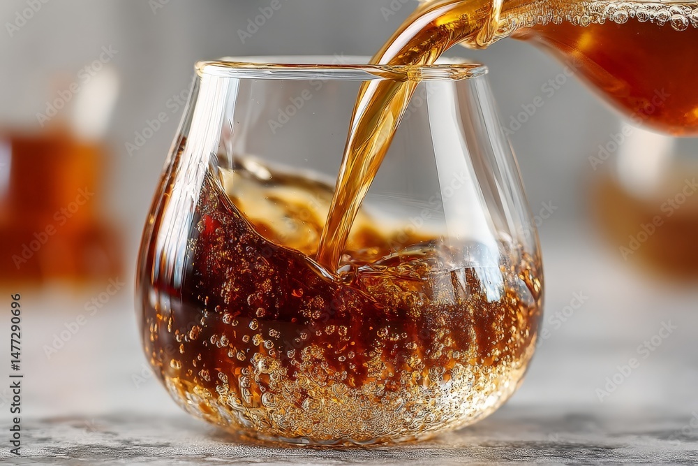 Poster Refreshing beverage being poured into crystal glass with bubbles visible in a cozy indoor setting during the day