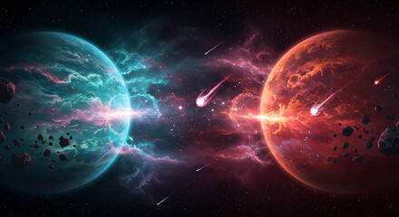 A dramatic digital illustration of a space scene featuring a turquoise planet and a fiery red planet 