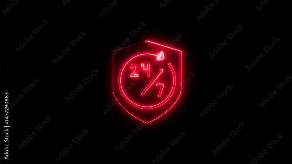 Poster 24/7 support availability animated red neon sign with shield on black background