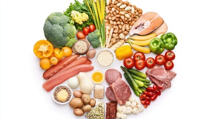 Healthy lifestyle visual featuring assorted nutritious food groups laid symmetrically on pure white background
