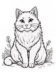 Detailed Black and White Cat Illustration Amidst Plants Coloring Book Style