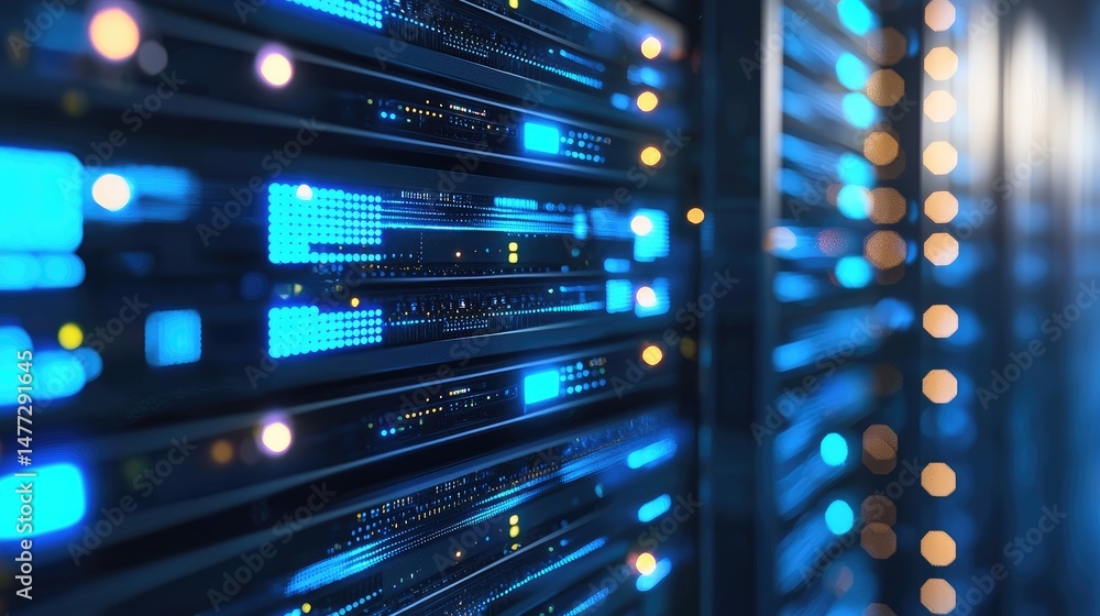 Poster Close-up view of vibrant server racks with glowing blue and yellow lights in a high-tech data center, ideal for cloud computing, network architecture, and digital infrastructure themes