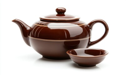 Brown teapot and bowl on white background, tea ceremony preparation