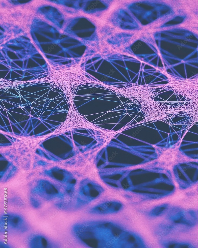 Poster abstract neural network visualization of interconnected nodes and lines in pink and blue tones close
