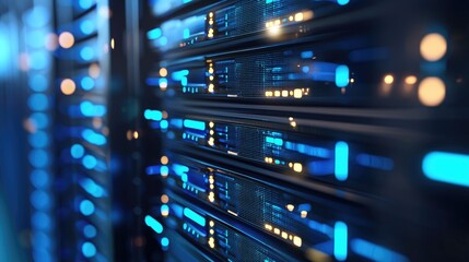 Naklejka premium Close-up 3D rendering of illuminated data servers in a modern server room, featuring vibrant blue and yellow lights, ideal for technology, cloud, or IT infrastructure visuals