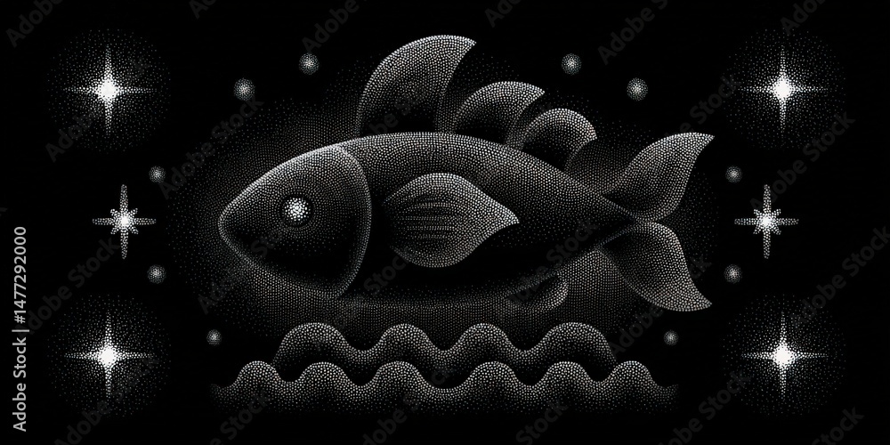Poster abstract fish illustration swimming through a starry sky with bold dot patterns and fluid lines conv