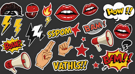 A dynamic collection of comic book and pop art style graphic elements including lightning bolts, lips, flames, hands, megaphones, stars, and text bubbles with stylized