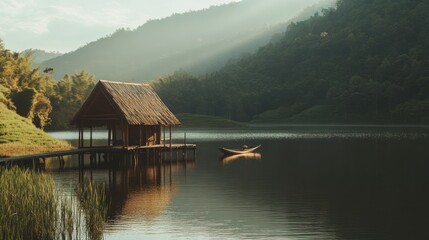 Obraz premium Tranquil Lakeside Hut at Sunrise