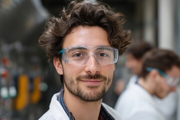 Fototapeta premium Young scientist wearing safety glasses smiles at the camera in a laboratory setting during the day