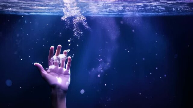 Hand reaching for divine light underwater. Spiritual rebirth, baptism symbol. Easter, Epiphany, or Theophany concept for religious ceremony or meditation