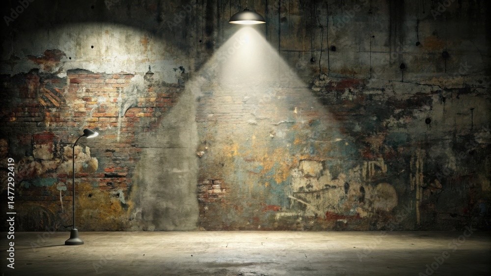 Aufkleber illuminated grunge backdrop with floor lamp and overhead light casting dramatic shadows on weathered