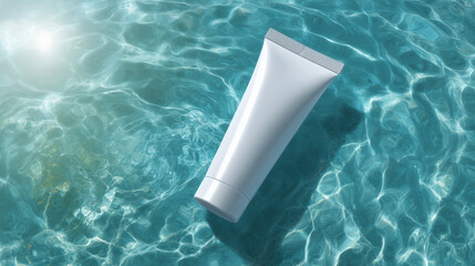 白い化粧品チューブがグリーンとブルーのグラデ背景に映える真俯瞰構図（美容・コスメ・UV・日焼け止め・スキンケア・夏）