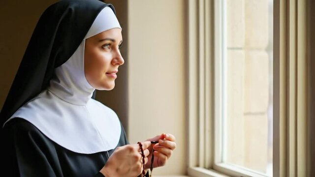 Young nun with rosary beads gazes peacefully from sunlit window.
