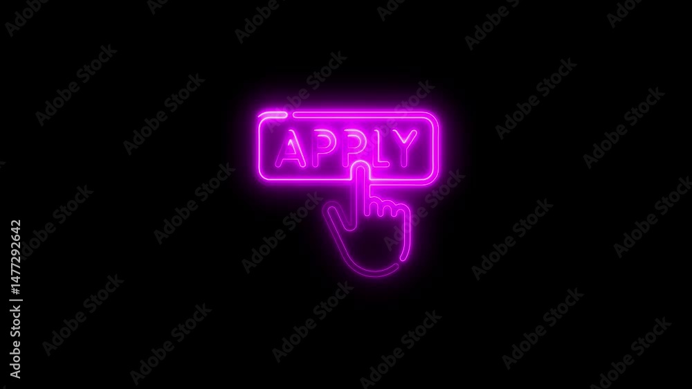 Poster neon apply button with finger pointing on a dark black background