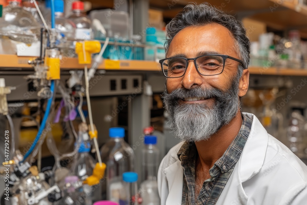 Poster Experienced scientist in a laboratory smiling while conducting important experiments at a research facility