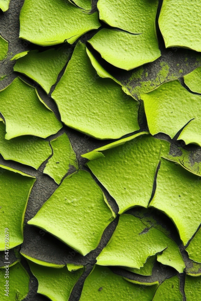 Poster close-up of flaking green paint on concrete surface showing texture and pattern from above