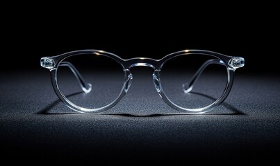 Clear eyeglasses on dark surface, studio shot, optical product photography, website use