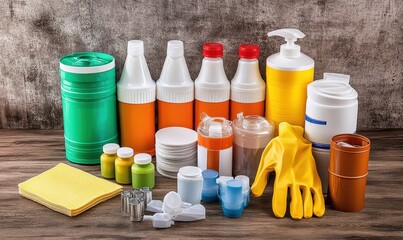 Cleaning supplies arranged on wooden table against textured wall; for cleaning product advertising