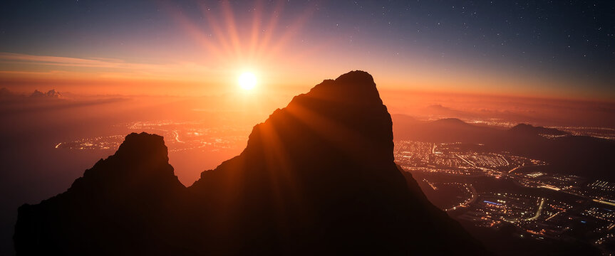 Dramatic sunrise over mountain peaks overlooking cityscape with city lights at dusk