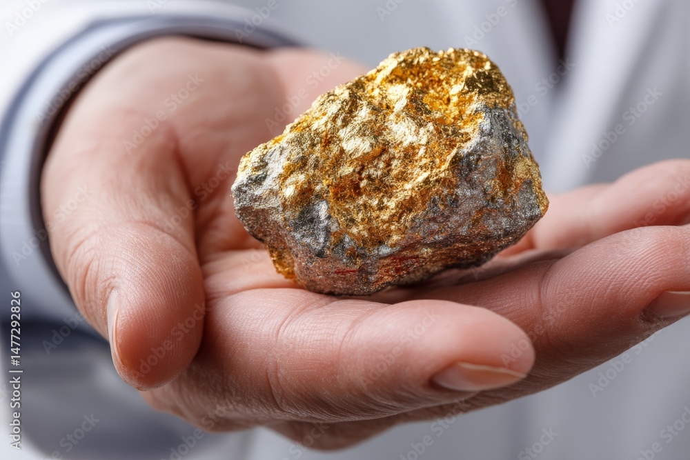 Poster hand holds a shiny gold and grey rock indicating mineral discovery in a laboratory setting