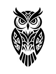 Fototapeta premium Intricate black and white owl illustration featuring tribal and geometric design elements.