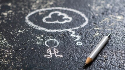 Fototapeta premium Stick Figure with a Thought Bubble: A stick figure with a visible thought bubble, illustrating their moment of reflection, considering an important decision or idea. 