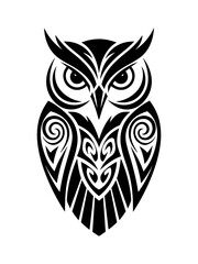 Obraz premium Intricate black and white owl illustration featuring tribal and geometric design elements.