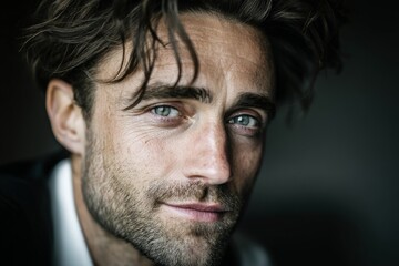Fototapeta premium Portrait of a young man with striking blue eyes and tousled hair in a casual setting