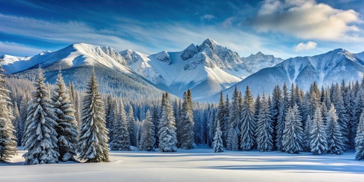 A snow-capped mountain range in the background with a dense forest and towering trees, surrounded by a vast expanse of pristine white snow , landscape, mountains