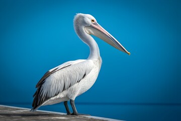 Obraz premium A great white pelican, a wild water bird with a notable beak and white feathers, rests on the beach