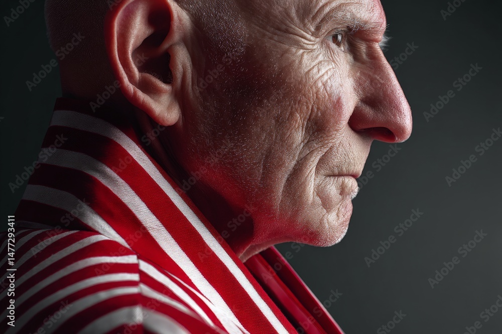 Poster elderly man in a striped robe posing in profile against a dark background with dramatic lighting emp