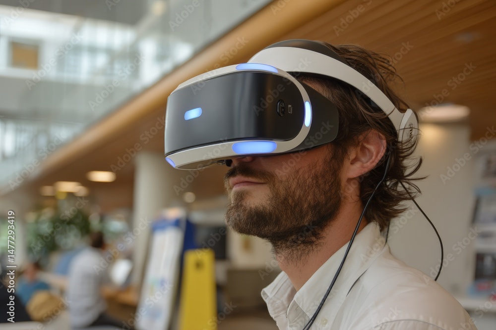 Poster man using virtual reality headset in a modern indoor environment during a technology showcase event