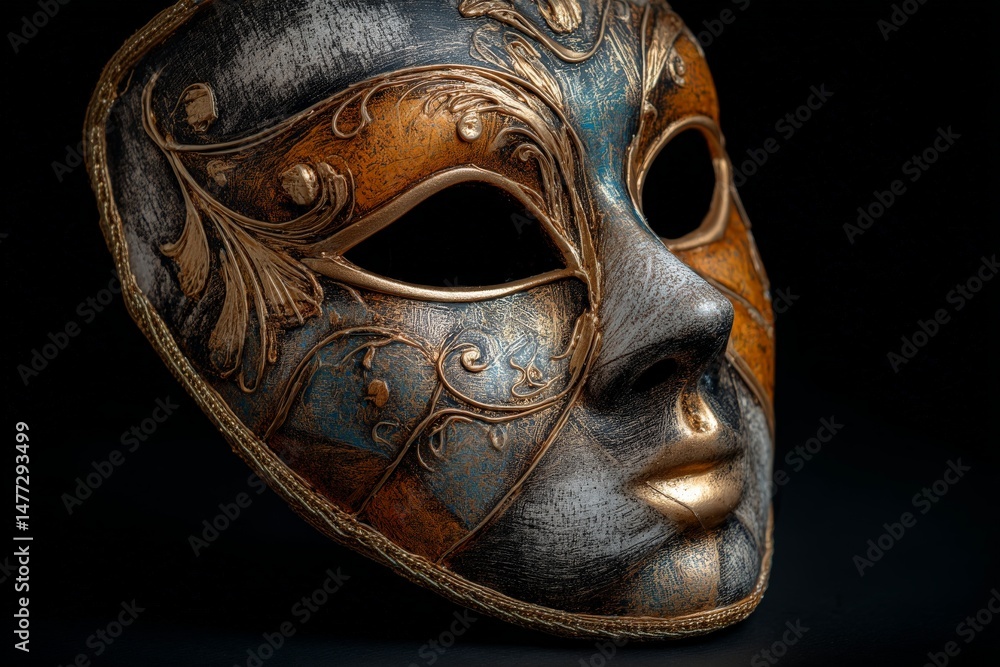 Poster intricate artistic mask showcasing detailed patterns and colors created by skilled artisans for a cu