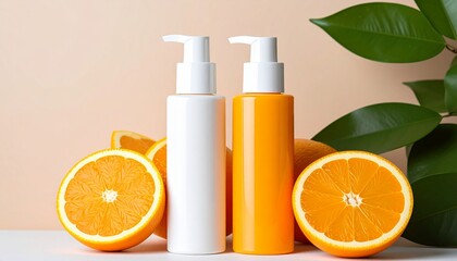 Minimalist Skincare Product Bottles with Orange Slice and Pastel Background