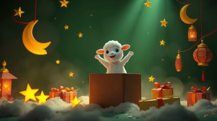 A joyful lamb pops out of a gift box surrounded by stars and crescent moons illustration