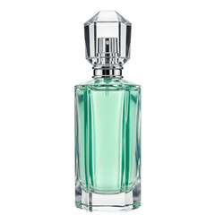 Elegant perfume bottle with a faceted crystal cap and a clear, soft green liquid inside