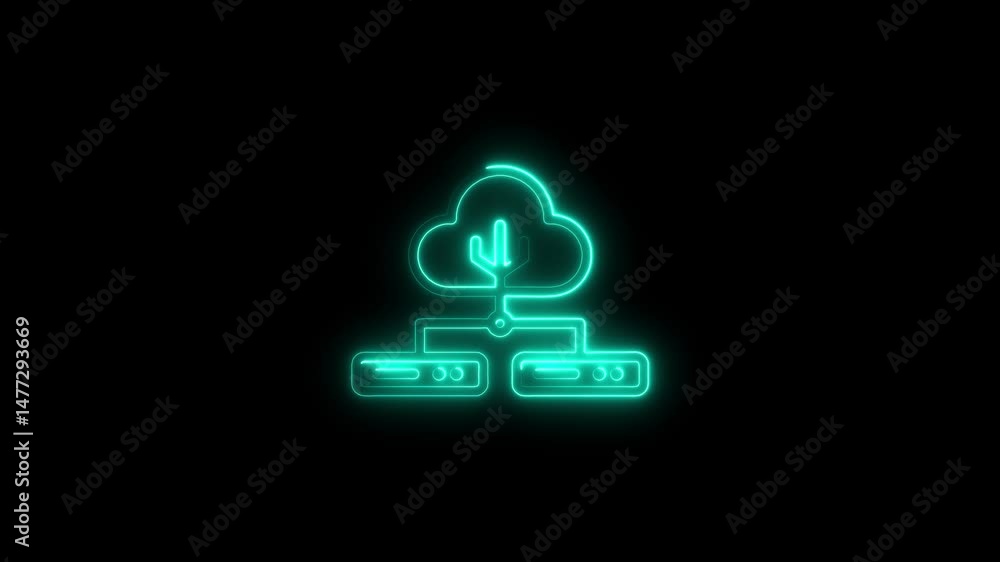 Poster glowing neon cloud computing icon and server connection against a dark background