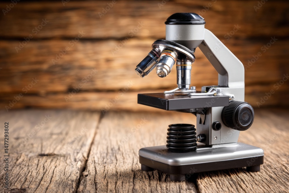 Aufkleber Microscope positioned on a wooden table highlighting its intricate design and functionality for scientific observation