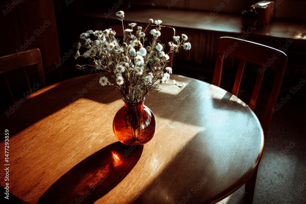 Aufkleber Sunlight streaming through a window casts shadows on a wooden table with a vase of wildflowers in a cozy interior