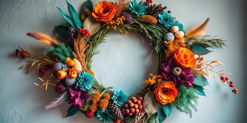 Vibrant Autumnal Floral Wreath with Jewel-Toned Blooms and Textured Foliage, Perfect for Festive Home Decor