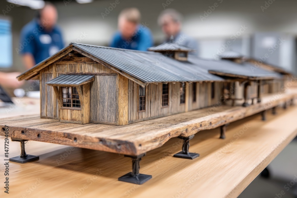 Poster detailed model of rustic building with wooden structure on display at design workshop in industrial 
