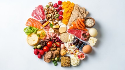 Thoughtful presentation of major food groups for balanced diet, laid out on crisp white background