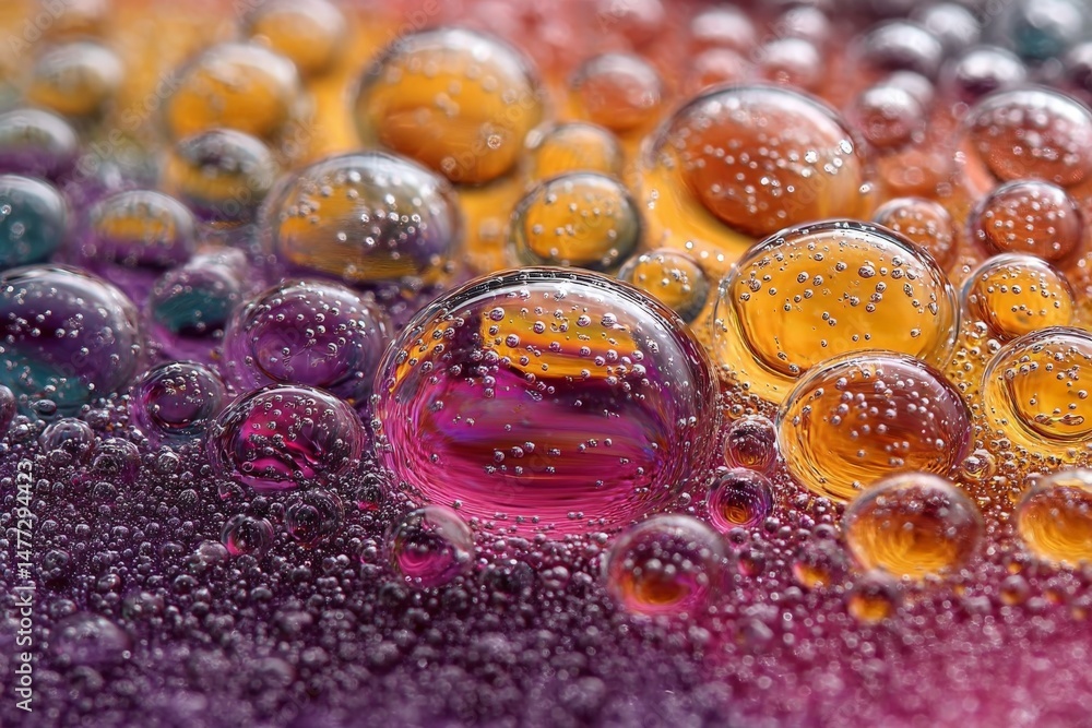 Poster Brightly colored bubbles suspended in liquid create a vibrant abstract background in close-up view
