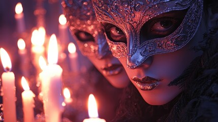 Elegant Venetian style Mardi Gras masks jewel-toned sequins masquerade ball ambiance candlelit drama timeless allure