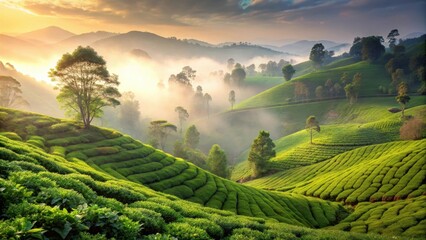 Fototapeta premium Tea plantations with lush green leaves and misty background