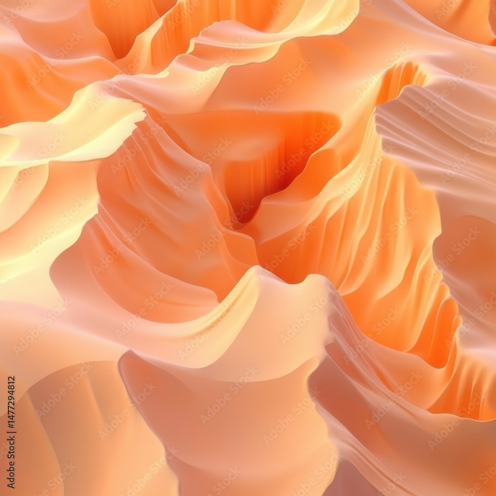 Poster abstract peach sand dunes aerial view digital art rendering; wavy landscape with soft gradients and 